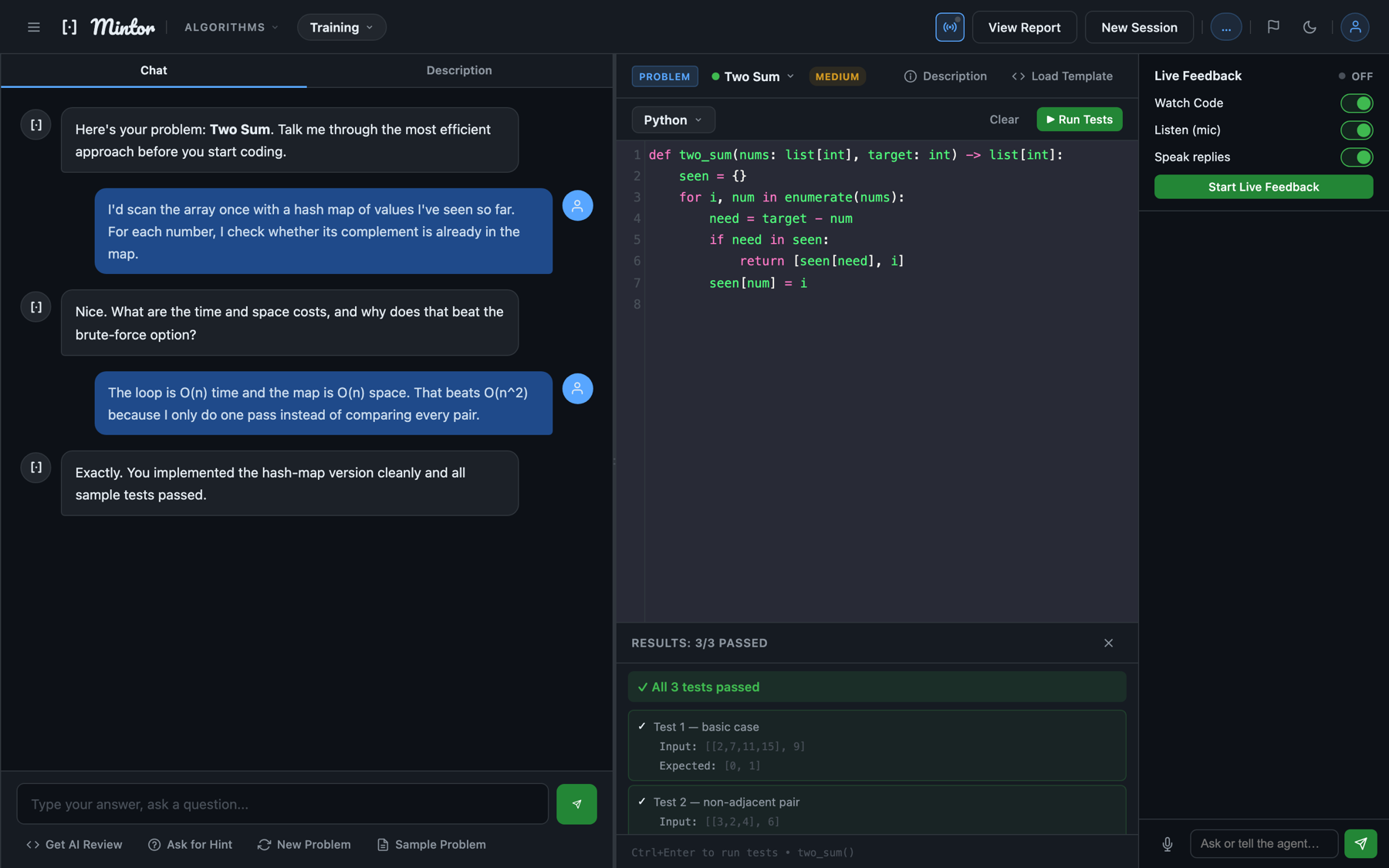Live Feedback panel running alongside a coding interview — watching code, listening to the mic, and speaking replies