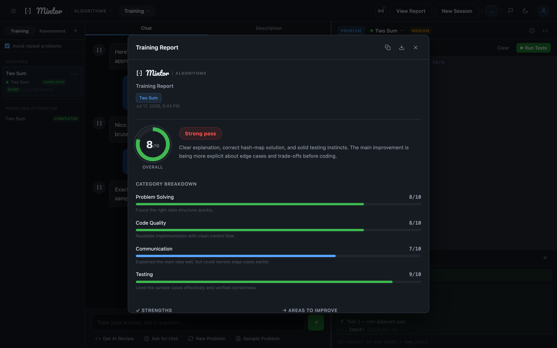 Session scoring report with an overall score and category breakdown