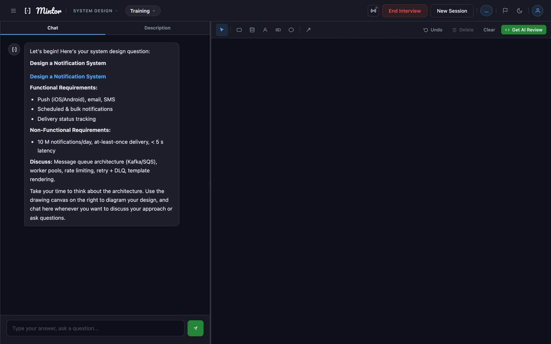 System design interview with a prompt and an interactive architecture canvas